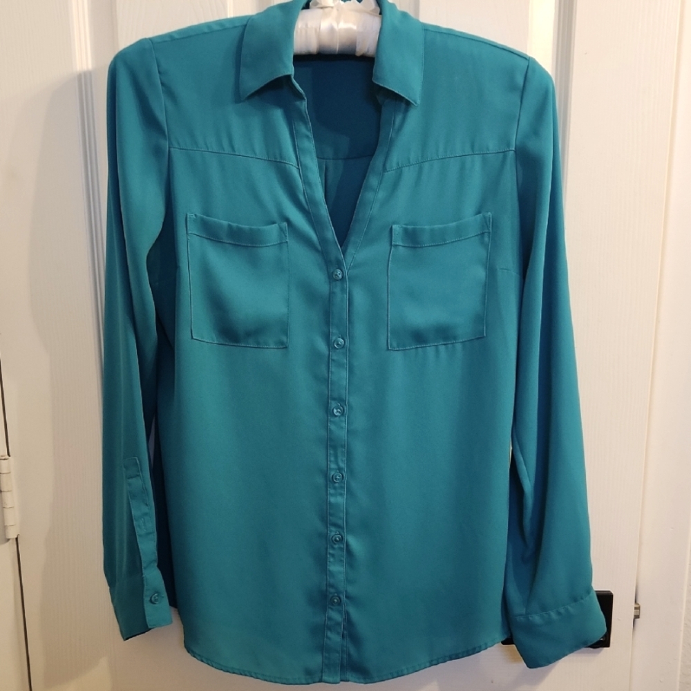 Express Teal Green Button Down Shirt with Notched Collar